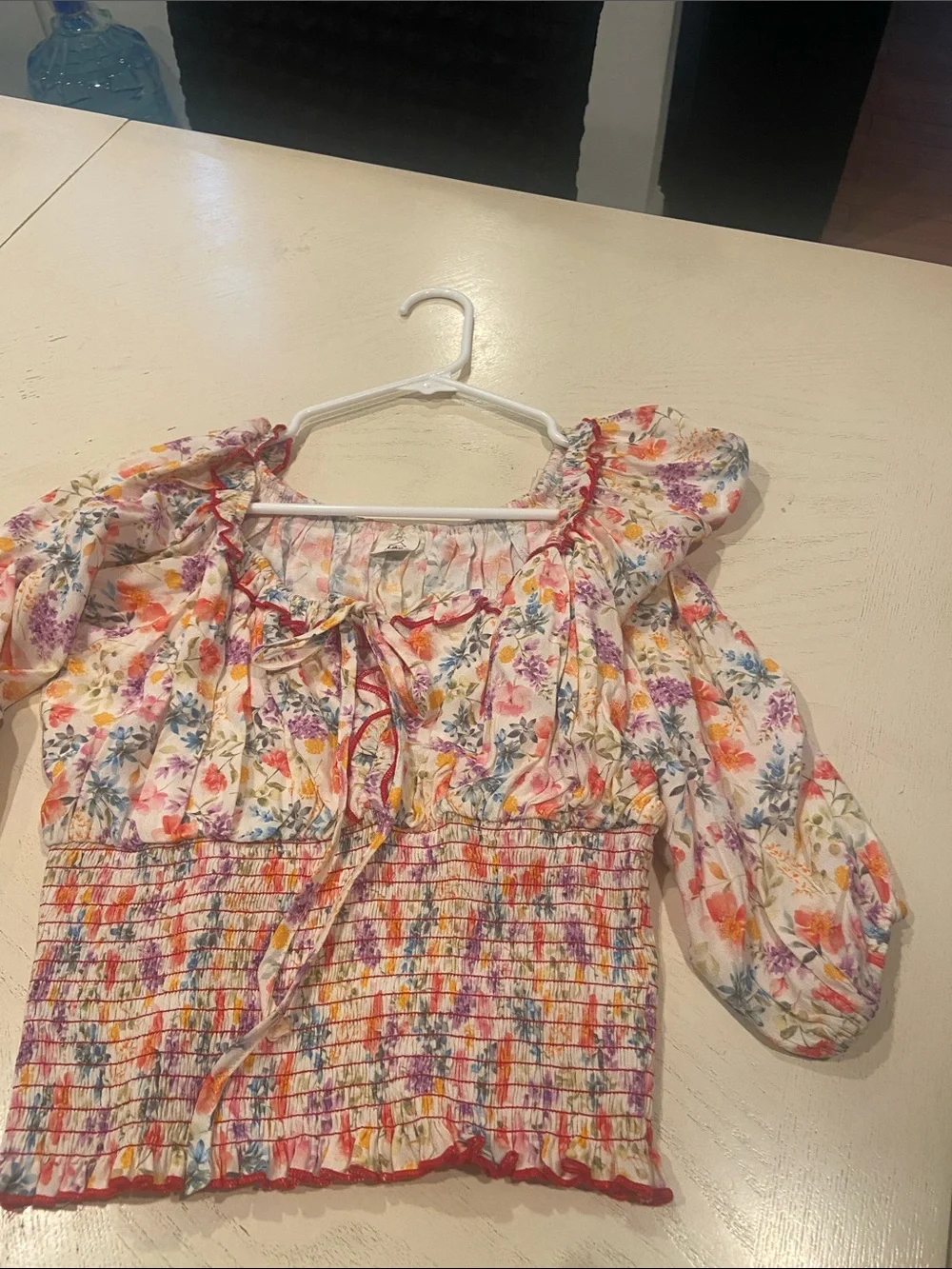 Floral Smocked Peasant Blouse - White Multi